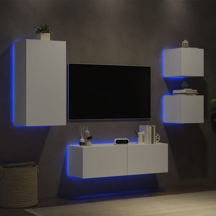 Comode TV de perete cu lumini LED, 4 piese, alb - WALTI WALTI