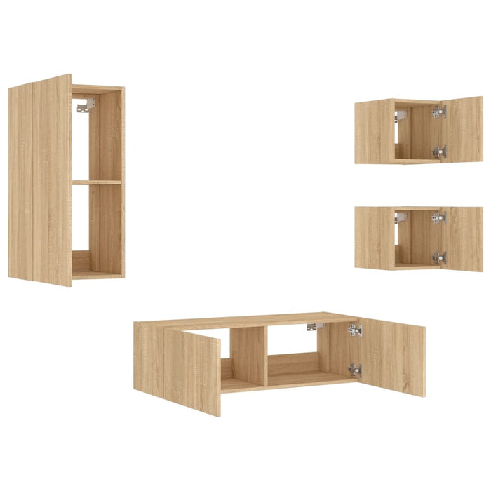 Comode TV de perete cu lumini LED, 4 piese, stejar sonoma - WALTI WALTI