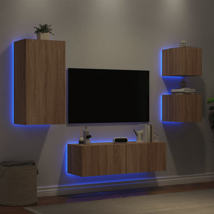 Comode TV de perete cu lumini LED, 4 piese, stejar sonoma - WALTI WALTI