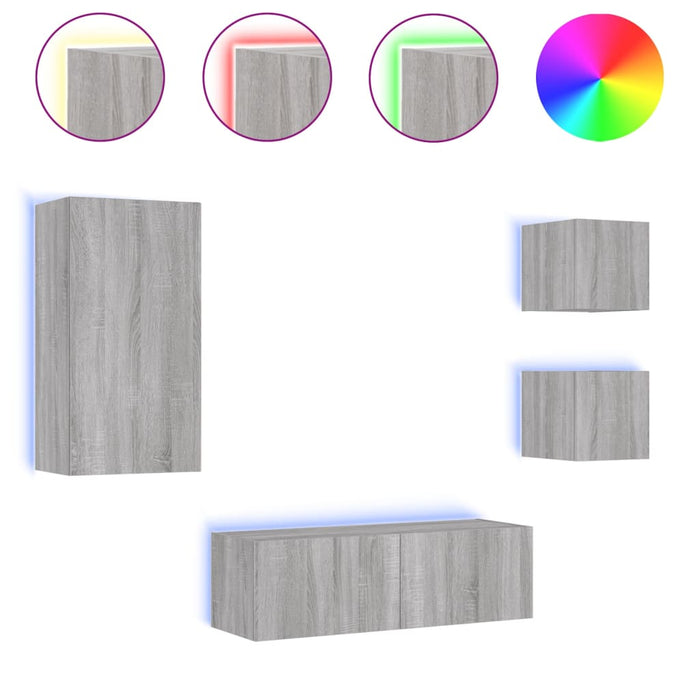 Comode TV de perete cu lumini LED, 4 piese, gri sonoma WALTI