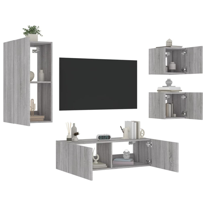 Comode TV de perete cu lumini LED, 4 piese, gri sonoma WALTI