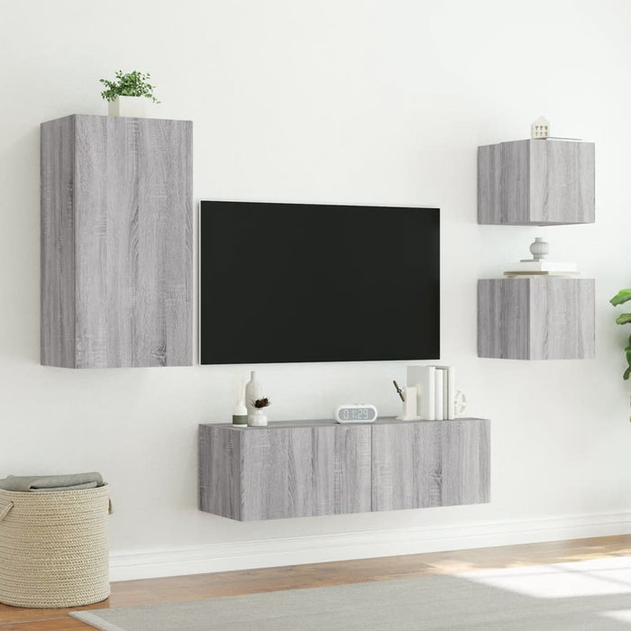 Comode TV de perete cu lumini LED, 4 piese, gri sonoma WALTI