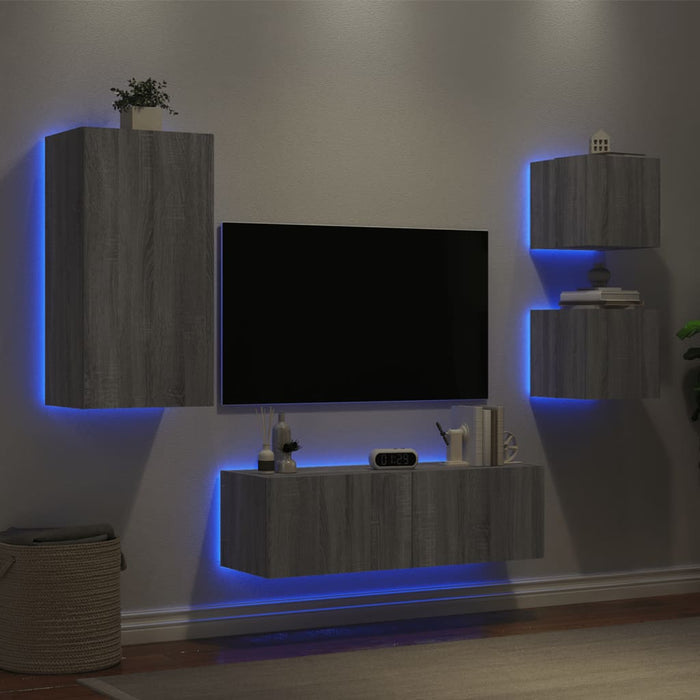 Comode TV de perete cu lumini LED, 4 piese, gri sonoma WALTI