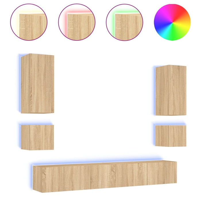 Comode TV de perete cu lumini LED, 6 piese, stejar sonoma WALTI