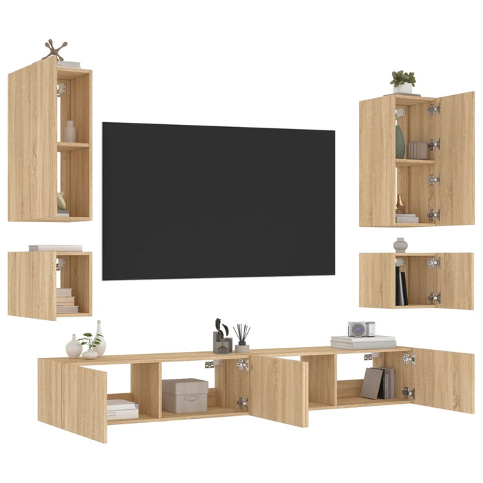 Comode TV de perete cu lumini LED, 6 piese, stejar sonoma WALTI
