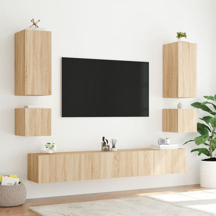 Comode TV de perete cu lumini LED, 6 piese, stejar sonoma WALTI