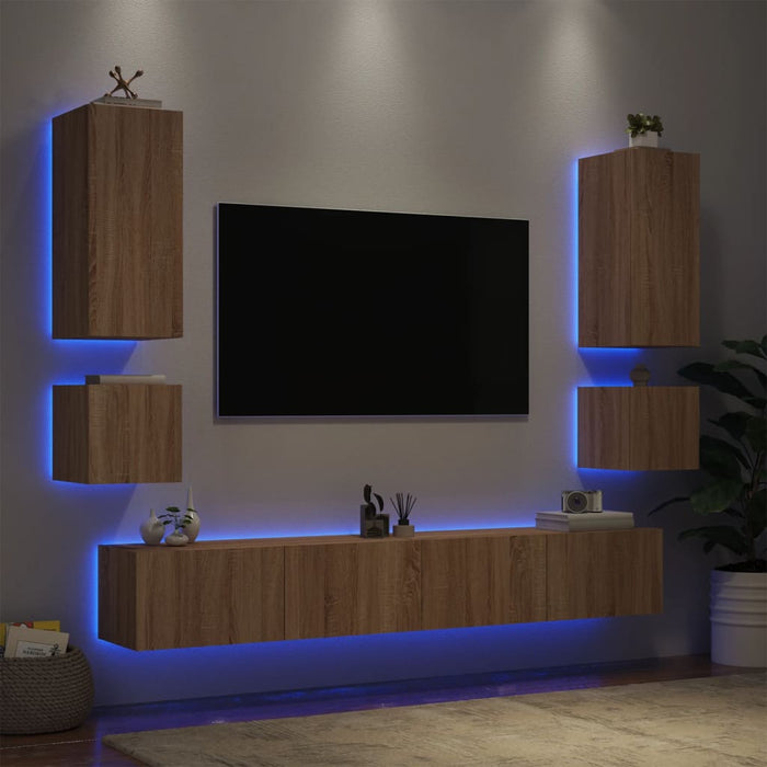 Comode TV de perete cu lumini LED, 6 piese, stejar sonoma WALTI