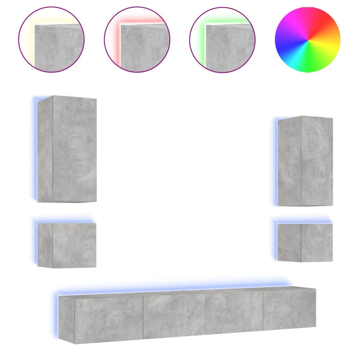 Comode TV de perete cu lumini LED, 6 piese, gri beton WALTI