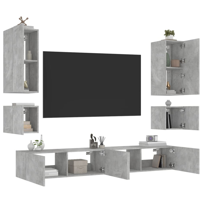Comode TV de perete cu lumini LED, 6 piese, gri beton WALTI