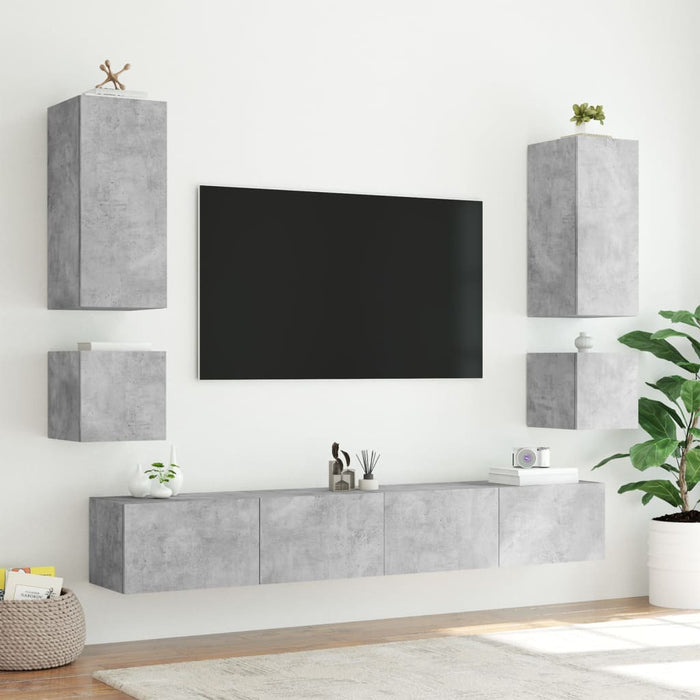 Comode TV de perete cu lumini LED, 6 piese, gri beton WALTI