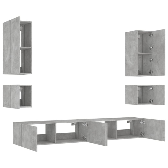Comode TV de perete cu lumini LED, 6 piese, gri beton WALTI