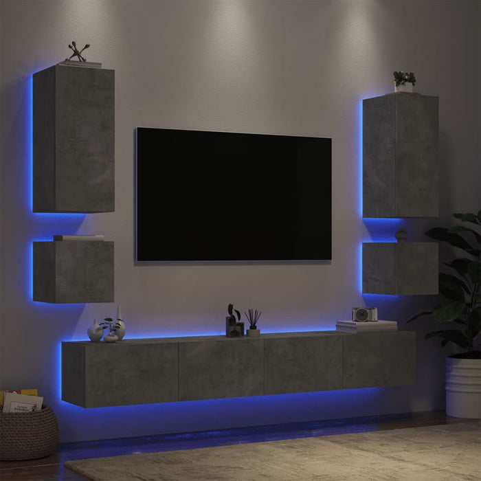 Comode TV de perete cu lumini LED, 6 piese, gri beton WALTI