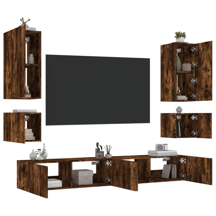 Comode TV de perete cu lumini LED, 6 piese, stejar fumuriu WALTI