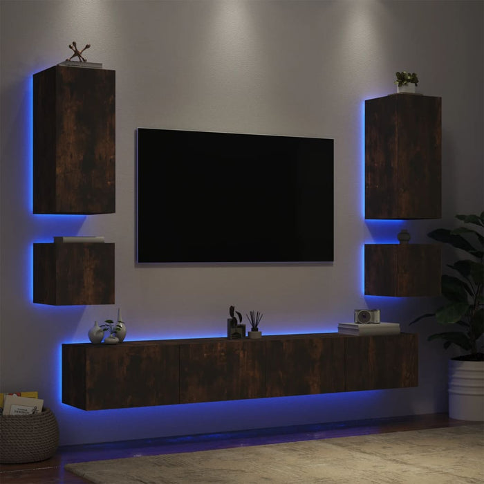 Comode TV de perete cu lumini LED, 6 piese, stejar fumuriu WALTI