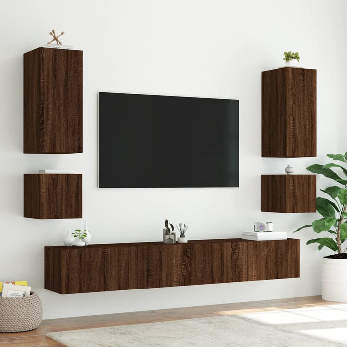 Comode TV de perete cu lumini LED, 6 piese, stejar maro WALTI