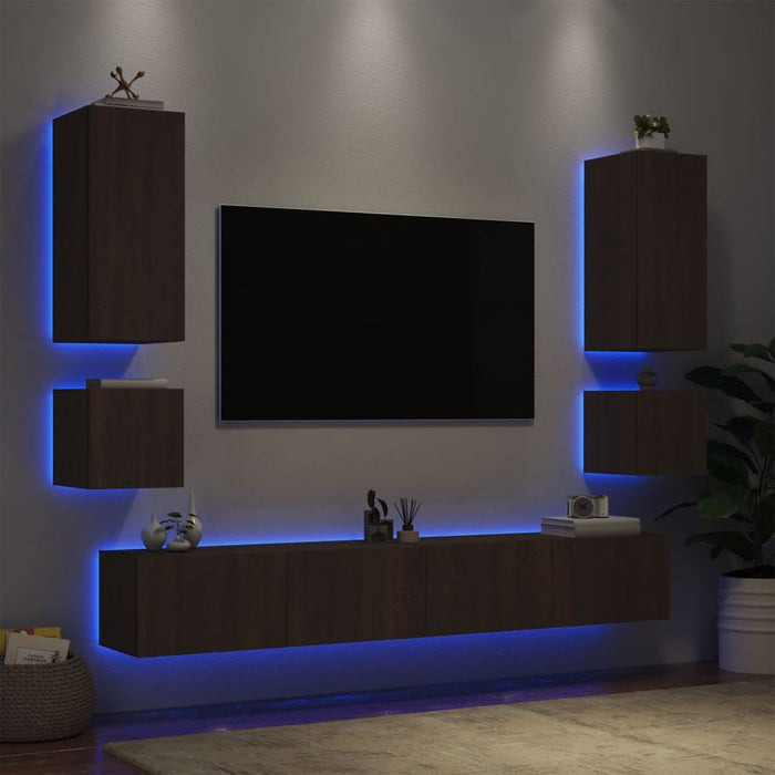 Comode TV de perete cu lumini LED, 6 piese, stejar maro WALTI