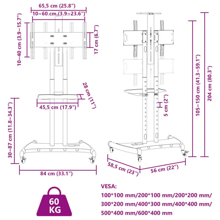 Suport TV pe roți ecran de 32-70 inchi Max VESA 600x400 mm 60kg - WALTI WALTI