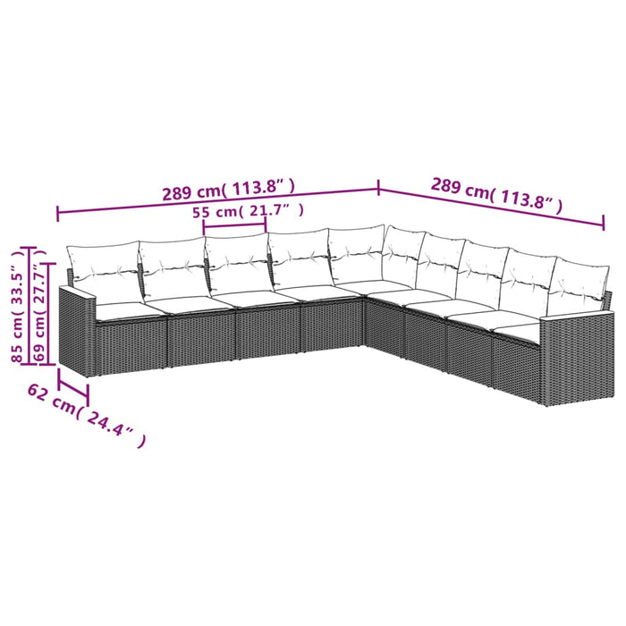 Set mobilier de grădină cu perne, 9 piese, negru, poliratan WALTI