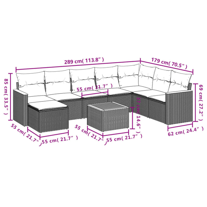 Set mobilier de grădină cu perne, 9 piese, negru, poliratan WALTI