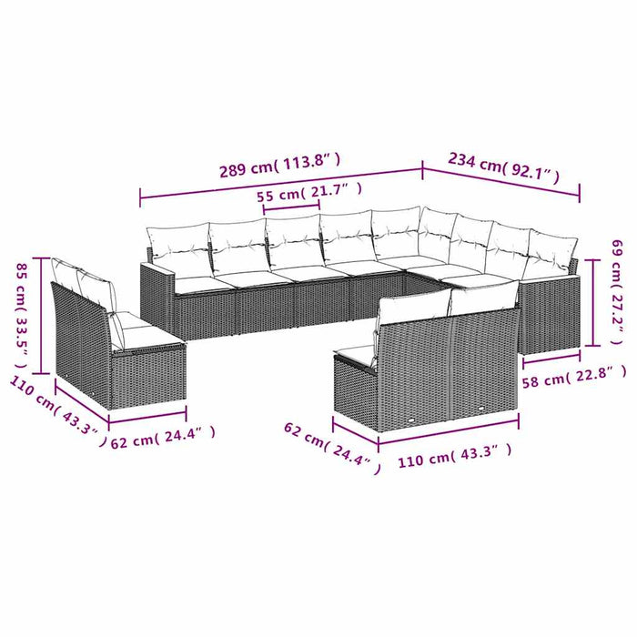 Set canapele de grădină, 12 piese, cu perne, negru, poliratan WALTI