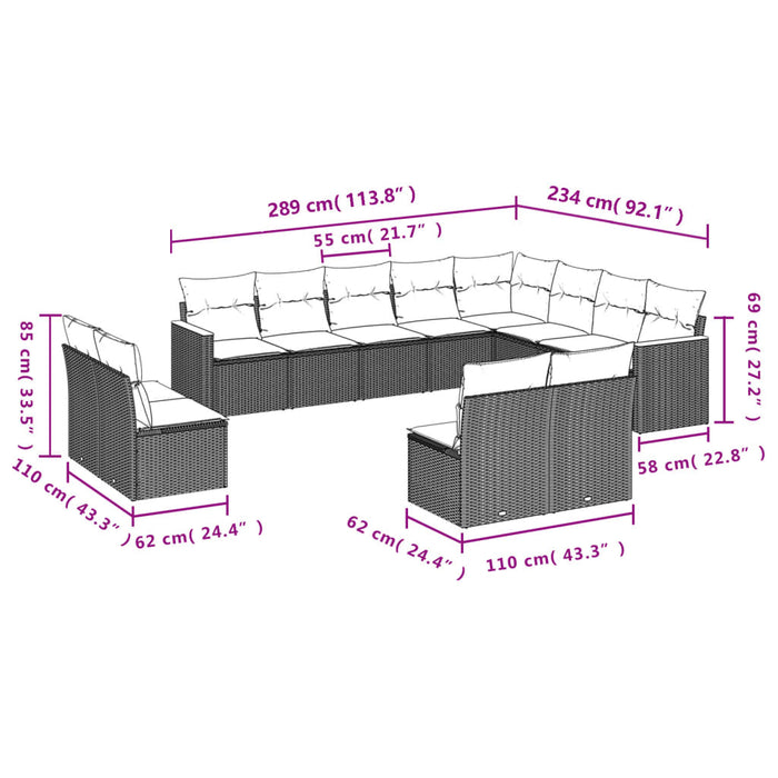 Set canapele de grădină, 12 piese, cu perne, negru, poliratan WALTI