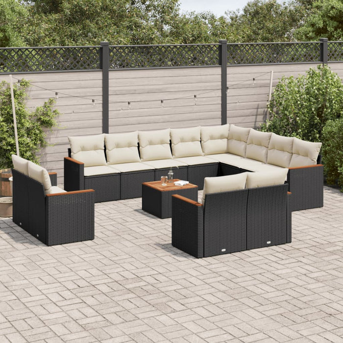 Set mobilier de grădină cu perne, 13 piese, negru, poliratan WALTI