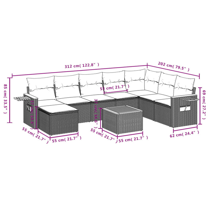 Set mobilier de grădină cu perne, 9 piese, negru, poliratan WALTI