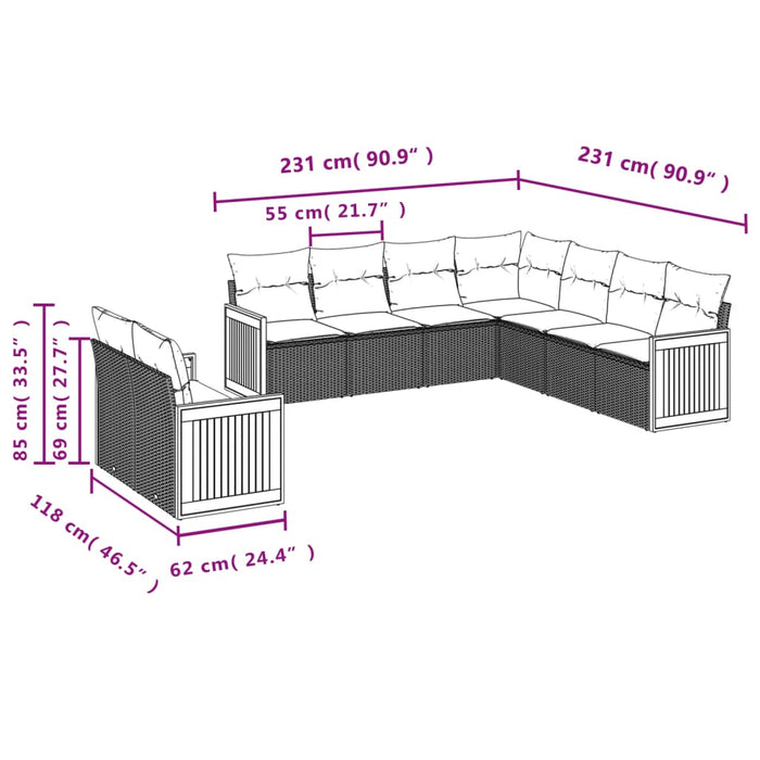Set mobilier de grădină cu perne, 9 piese, negru, poliratan WALTI