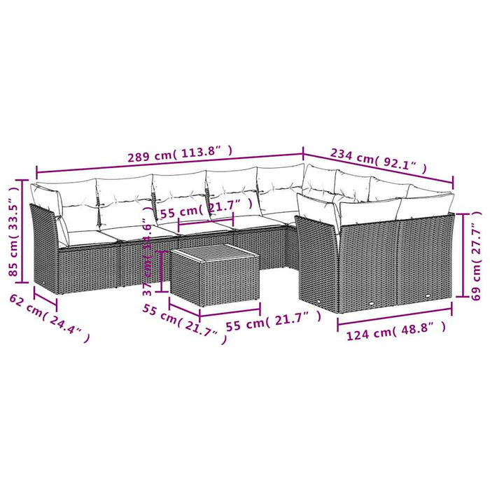 Set canapele de grădină cu perne, 10 piese, negru, poliratan WALTI