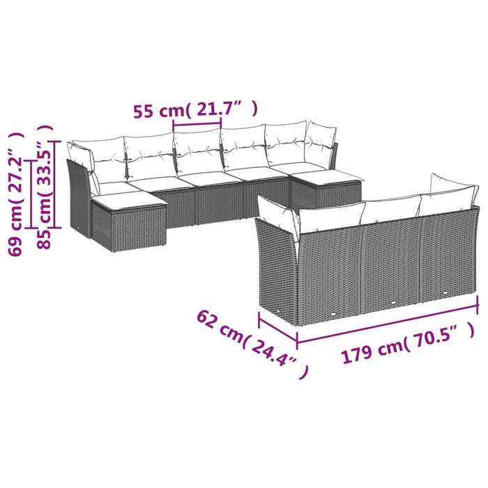 Set canapele de grădină cu perne, 10 piese, negru, poliratan WALTI