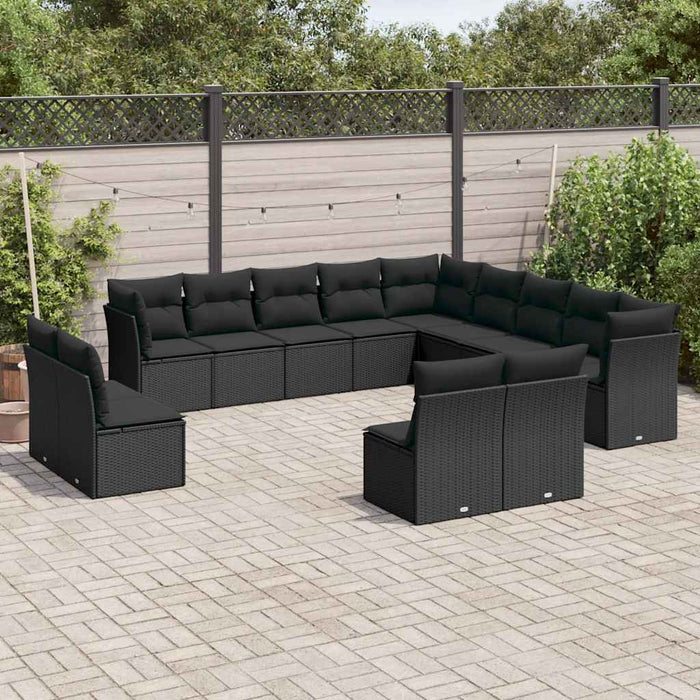 Set mobilier de grădină cu perne, 13 piese, negru, poliratan WALTI