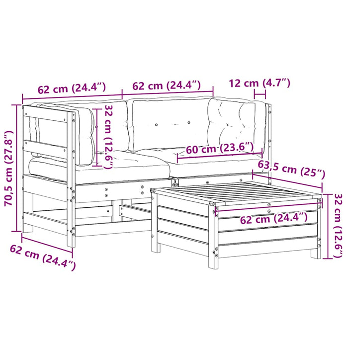 Set mobilier de grădină cu perne, 3 piese, alb, lemn masiv pin WALTI