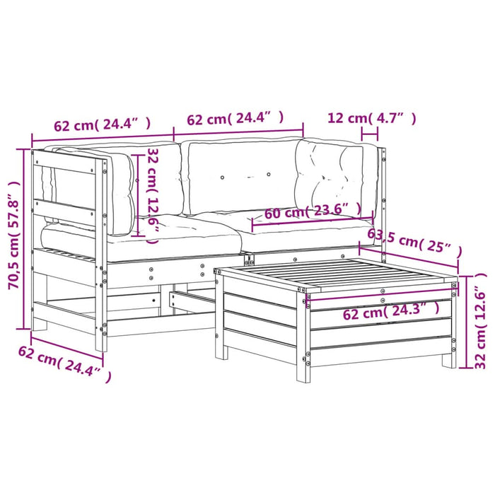 Set mobilier de grădină cu perne, 3 piese, lemn de pin tratat - WALTI WALTI