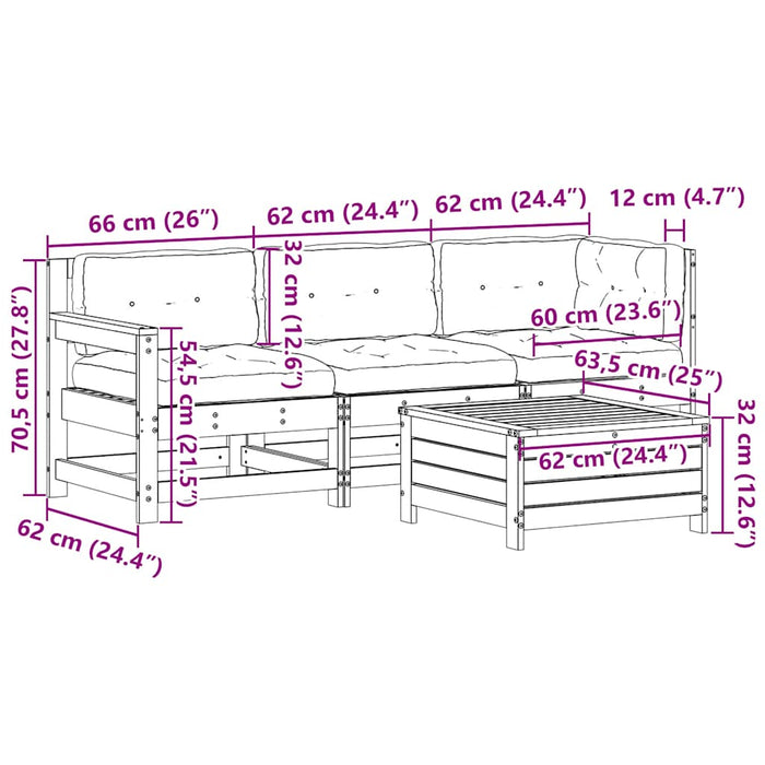 Set mobilier de grădină cu perne, 4 piese alb lemn masiv de pin WALTI
