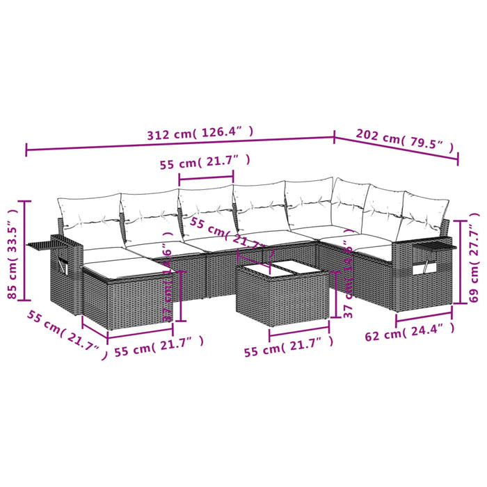 Set mobilier de grădină cu perne, 9 piese, negru, poliratan WALTI