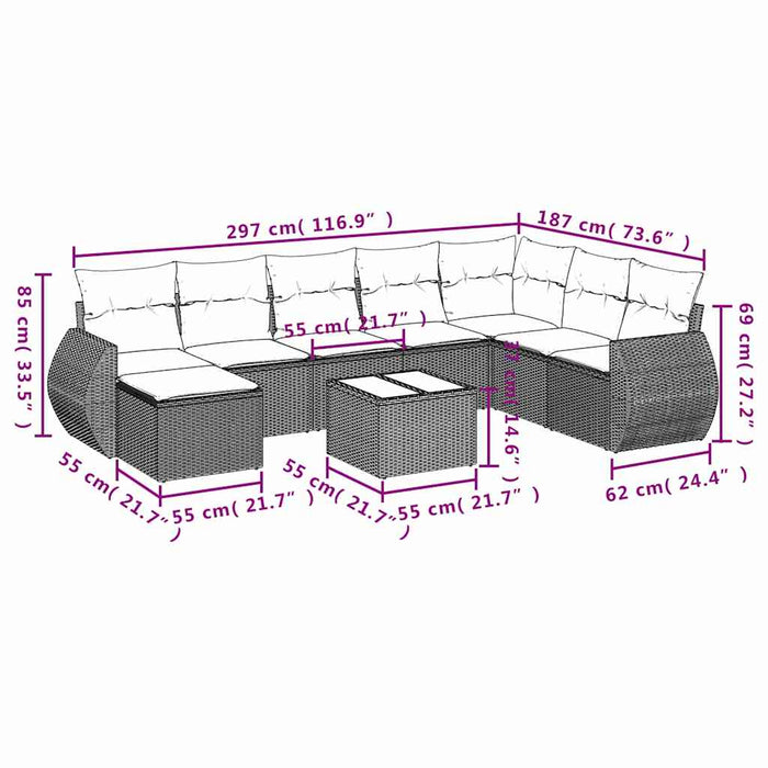 Set mobilier de grădină cu perne, 9 piese, negru, poliratan - WALTI WALTI