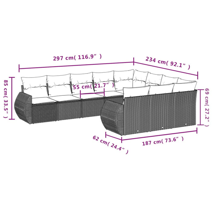 Set canapele de grădină cu perne, 10 piese, negru, poliratan WALTI