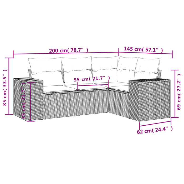 Set mobilier de grădină cu perne, 4 piese, negru, poliratan WALTI