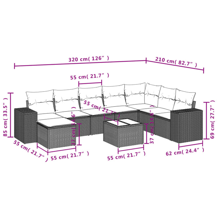 Set mobilier de grădină cu perne, 9 piese, negru, poliratan WALTI