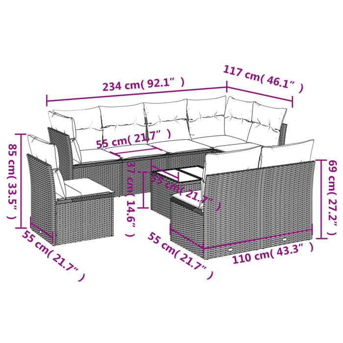 Set mobilier de grădină cu perne, 9 piese, negru, poliratan WALTI