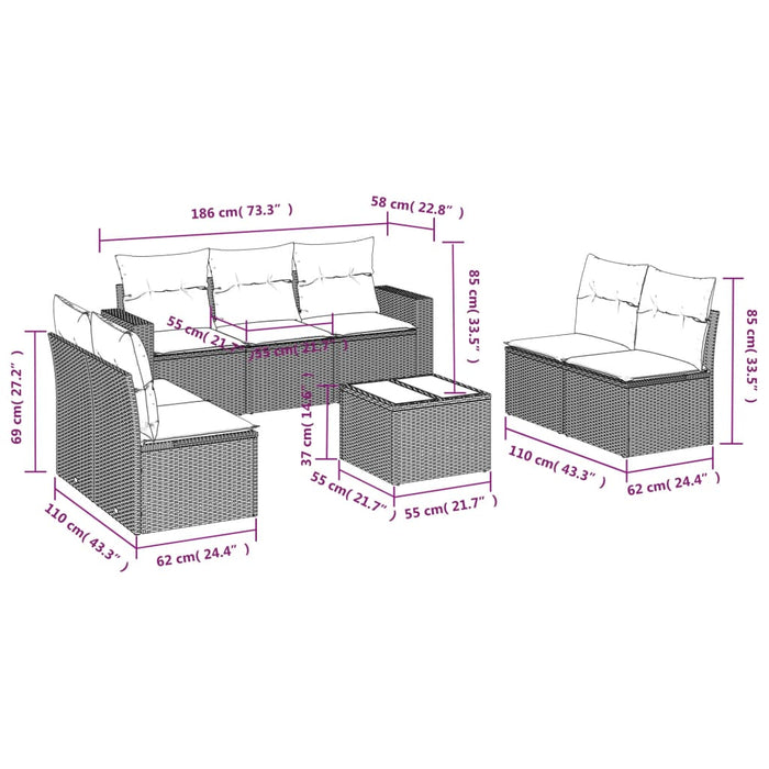 Set mobilier de grădină cu perne, 8 piese gri deschis poliratan - WALTI WALTI