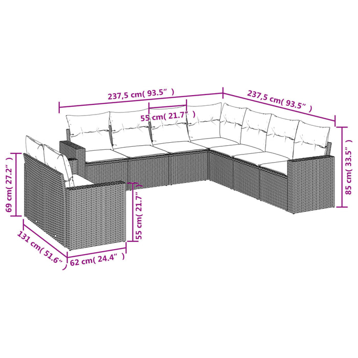 Set mobilier de grădină cu perne, 9 piese, negru, poliratan WALTI