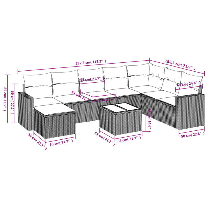 Set mobilier de grădină cu perne, 9 piese, negru, poliratan WALTI