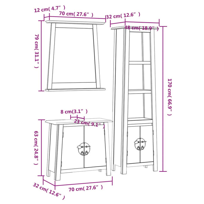 Set mobilier de baie, 3 piese, lemn masiv de pin - WALTI WALTI
