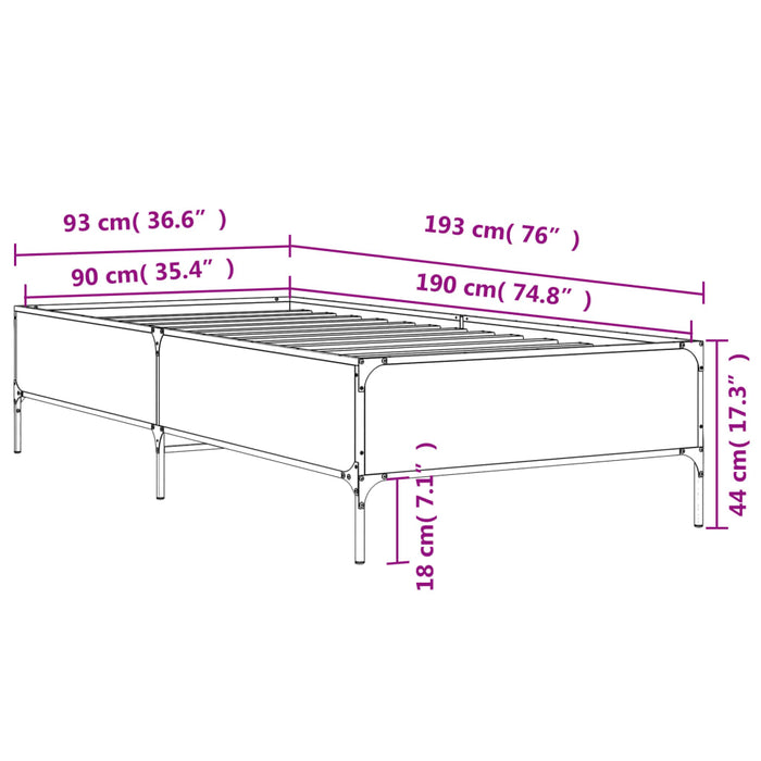 Cadru de pat, gri sonoma, 90x190 cm, lemn prelucrat și metal WALTI