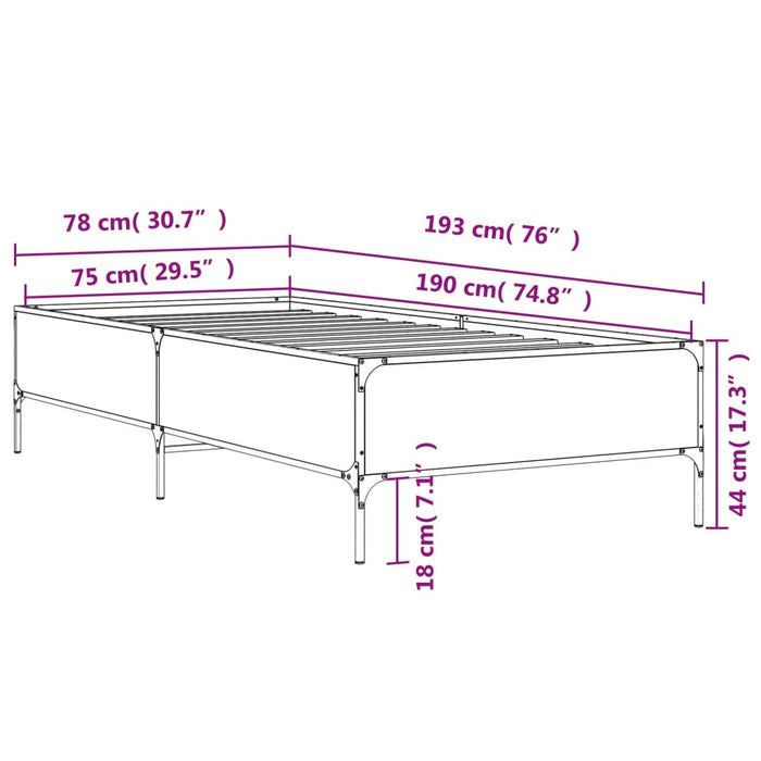 Cadru de pat, stejar maro, 75x190 cm, lemn prelucrat și metal WALTI