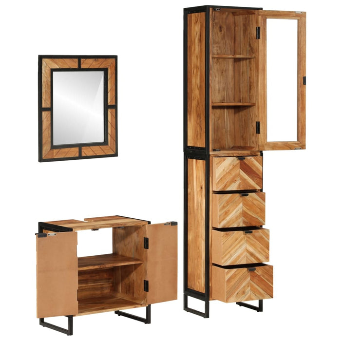 Set mobilier de baie, 3 piese, fier și lemn masiv de acacia WALTI