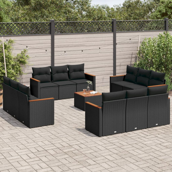 Set mobilier de grădină cu perne, 13 piese, negru, poliratan WALTI