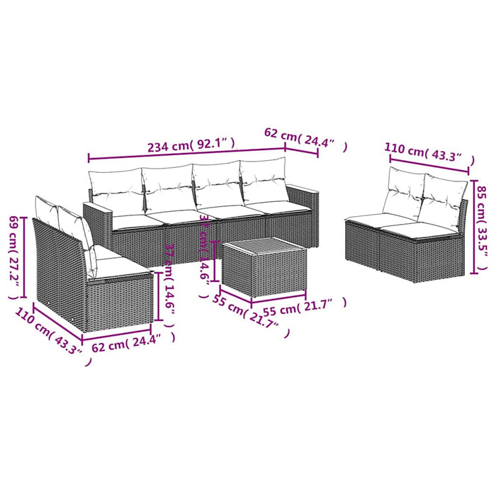 Set mobilier de grădină cu perne, 9 piese, negru, poliratan WALTI