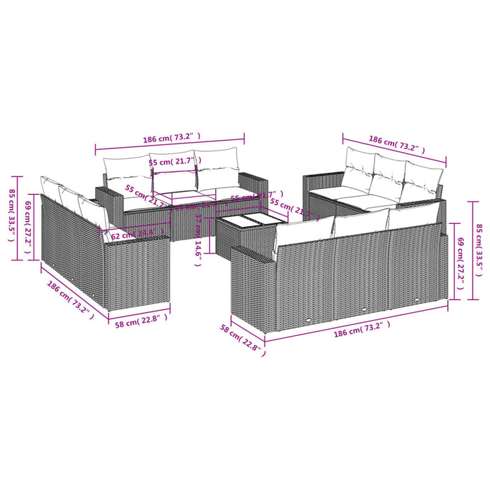 Set mobilier de grădină cu perne, 13 piese, negru, poliratan WALTI